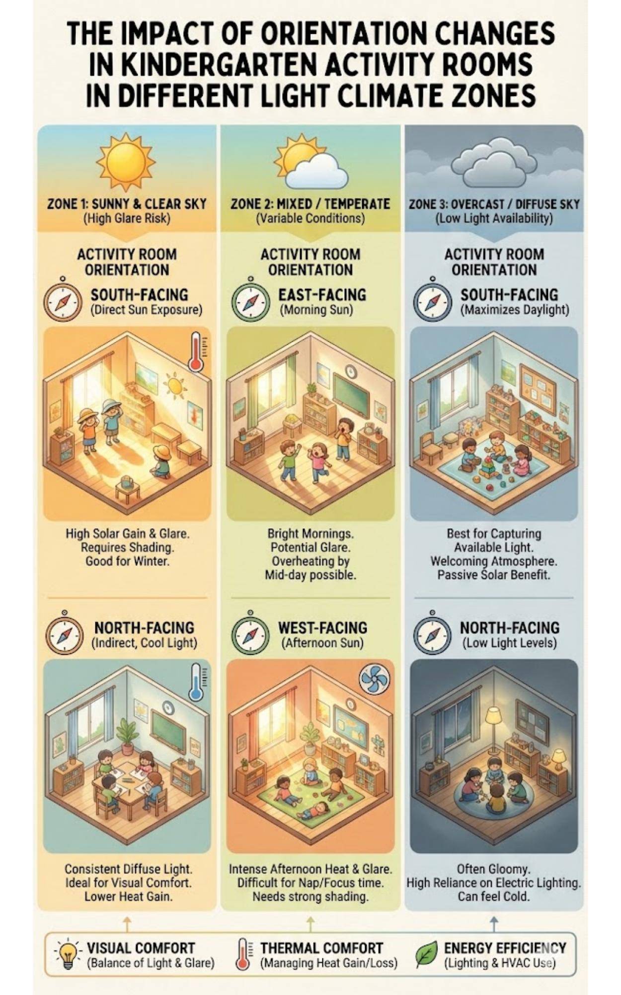 The impact of orientation changes in kindergarten activity rooms in different light climate zones
